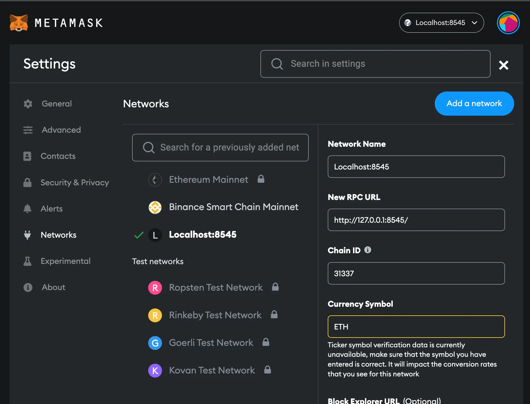 metamask hardhat setting